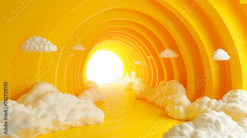 Vibrant Void: 3D Render of Abstract Yellow Atmosphere with Whimsical Clouds Escaping the Tunnel