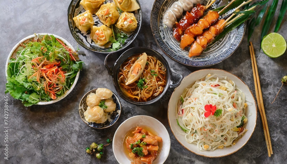 Assorted Chinese food set. Chinese noodles, fried rice, dumplings, peking duck, dim sum,