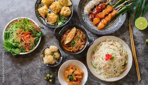 Assorted Chinese food set. Chinese noodles, fried rice, dumplings, peking duck, dim sum,