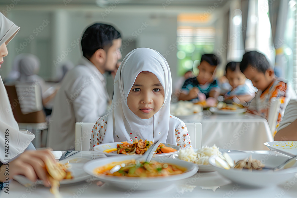 Thai Muslim family in white modern dining room eating depth of field blur background