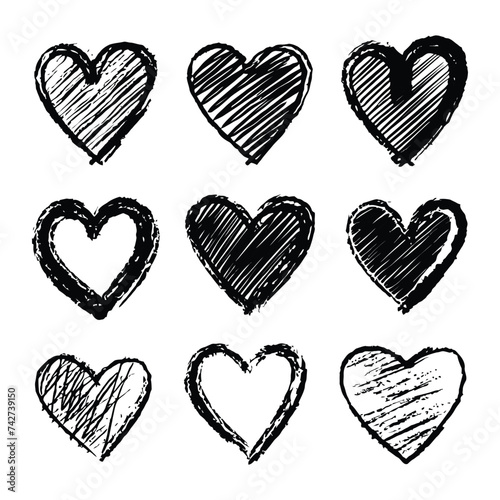 Hand-drawn scratchy heart illustration set