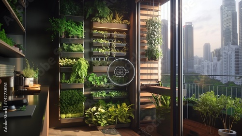 An innovative eco-city apartment balcony, transformed into a small urban garden with a vertical farming system and rainwater collection unit. 8k © Muhammad