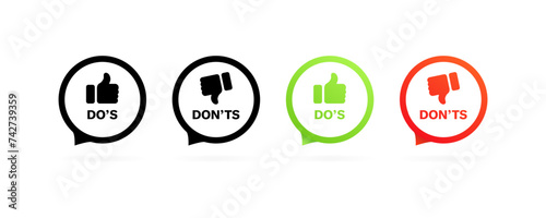 Do's and don'ts bubble icons. Thumbs up and down. Silhouette and flat style. Vector icons