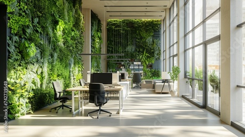 A bright, airy office space with plant walls, natural light, and ergonomic furniture made from sustainable materials, promoting a green working environment. 8k