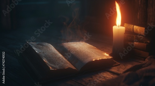 A candle burning in a dark room, casting long shadows over an open journal filled with questions, symbolizing the search for answers within. 8k photo