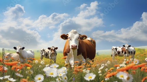 pasture cow flowers photo