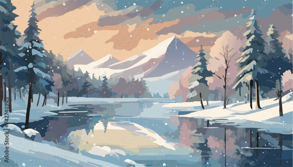 Winter landscape with mountains and forest. Ai generated