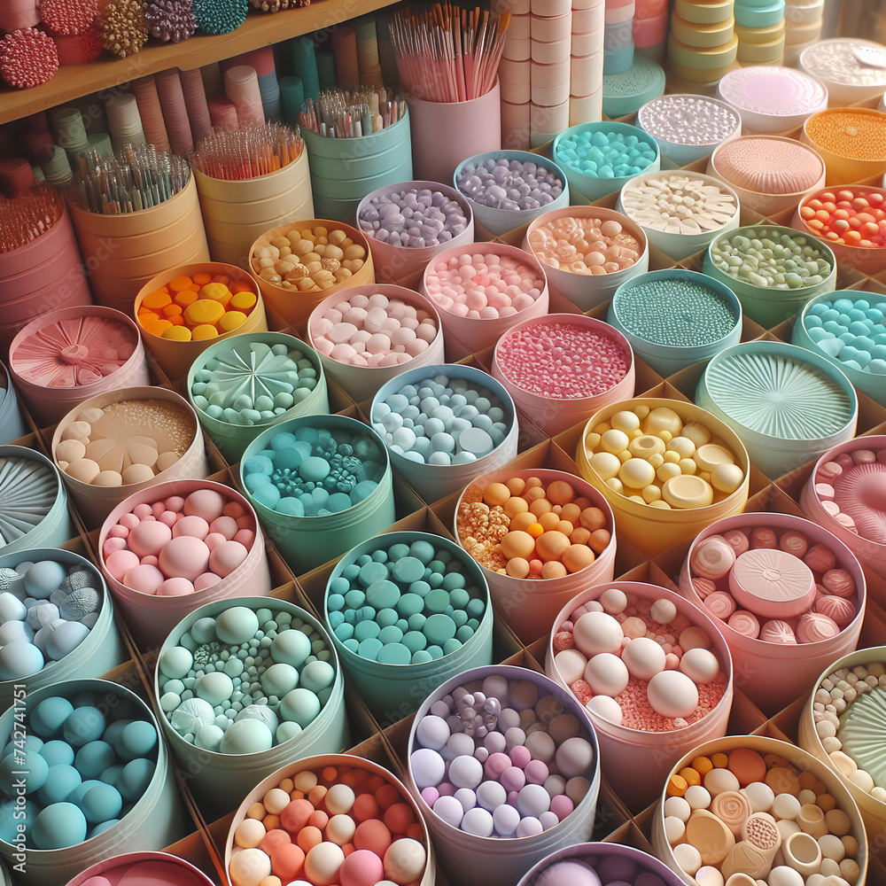 Creative flatlay of different pearl beads with tools for making jewelry pastel colors Creative flatlay of different pearl beads with tools for making jewelry pastel colors