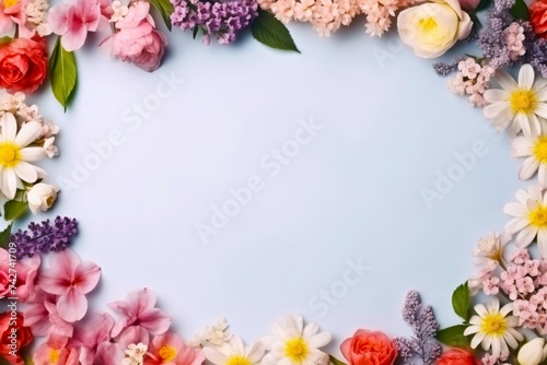 colorful floral frame with copy space against light blue background. horizontal banner with space for text. © Indi