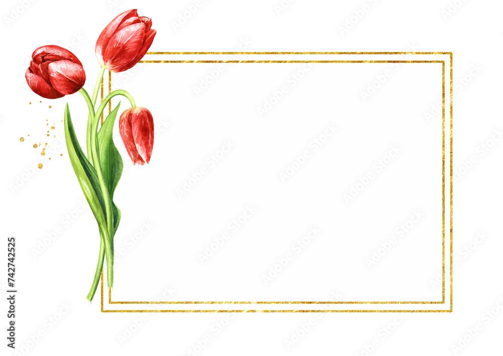 Red tulips bouquet, greeting card template, Hand drawn watercolor  illustration isolated on white background