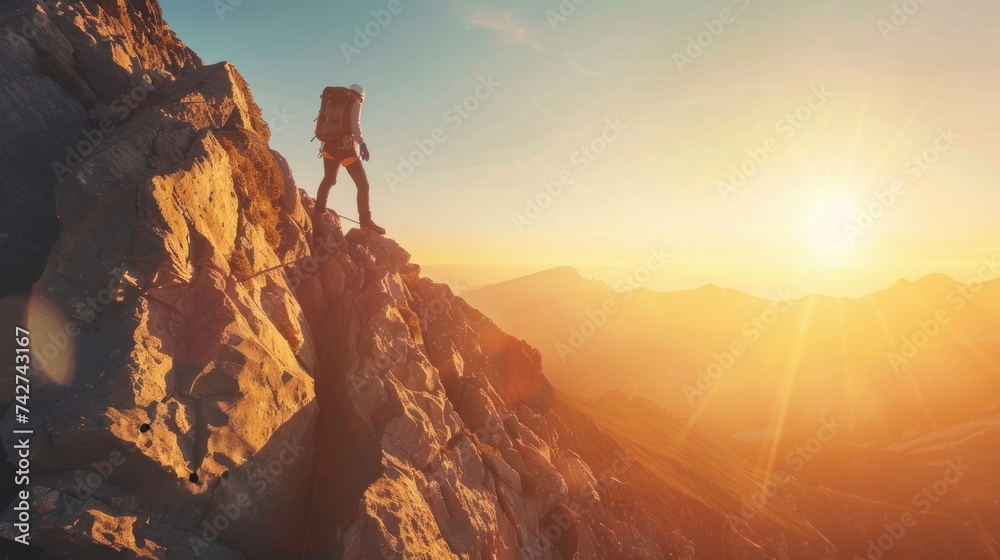 A person climbing a mountain towards the sunlight, symbolizing the spirit of overcoming obstacles and moving forward with courage.