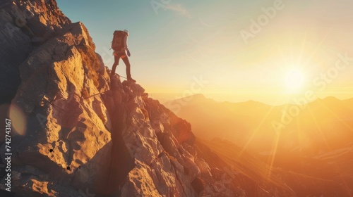 A person climbing a mountain towards the sunlight, symbolizing the spirit of overcoming obstacles and moving forward with courage.