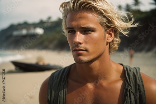 blond surfer man in the beach