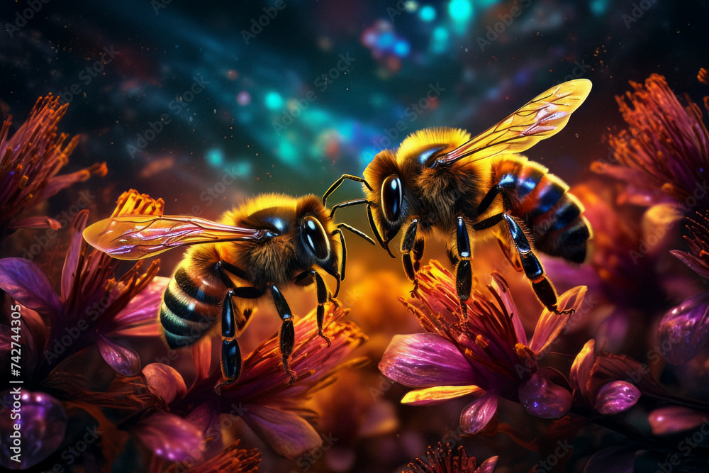 Imagine bees in a surreal meadow where flowers emit neon lights ...