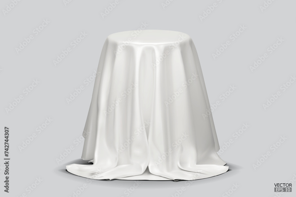 Podium covered with a piece of white silk isolated on beige background. Realistic box covered with white cloth. Podium for product, cosmetic presentation. Creative mock up. 3d vector illustration. Podium covered with a piece of white silk isolated on beige background. Realistic box covered with white cloth. Podium for product, cosmetic presentation. Creative mock up. 3d vector illustration.
