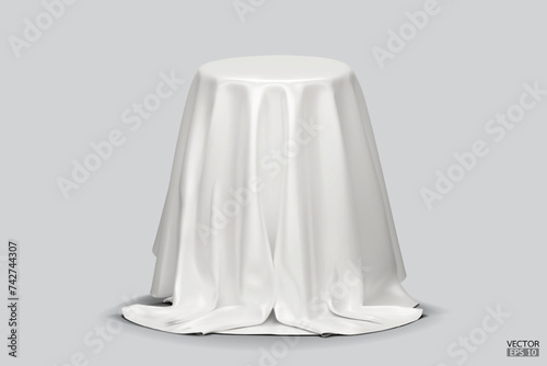 Podium covered with a piece of white silk isolated on beige background. Realistic box covered with white cloth. Podium for product, cosmetic presentation. Creative mock up. 3d vector illustration.
