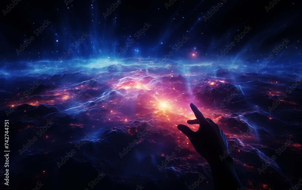 Cosmic space and a hand pointing into the distance. Cosmic space and a hand pointing into the distance.