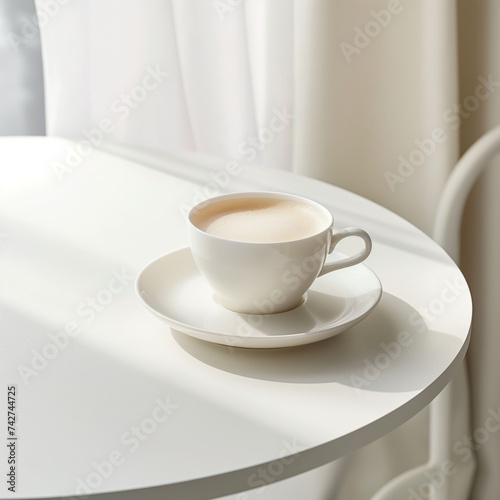 A cup of coffee on white table with minimal background.