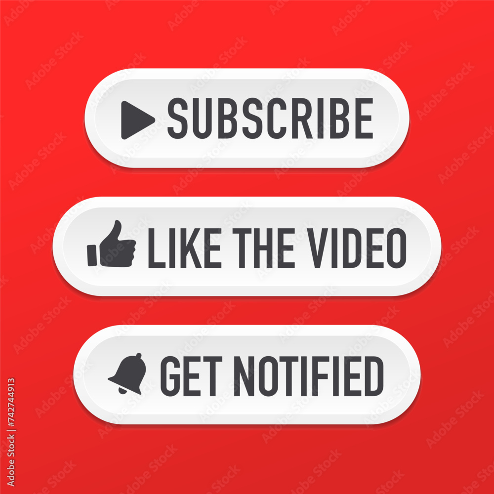 Button Icon Set for Channel. Like the video, get notified, and Subscribe. Button to subscribe to channel, blog. Web button for promotion and marketing. Vector illustration Button Icon Set for Channel. Like the video, get notified, and Subscribe. Button to subscribe to channel, blog. Web button for promotion and marketing. Vector illustration