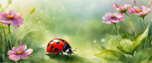 A pink flower in full bloom and a red ladybug in the bush. Illustration in watercolor style. Abstract watercolor painting.