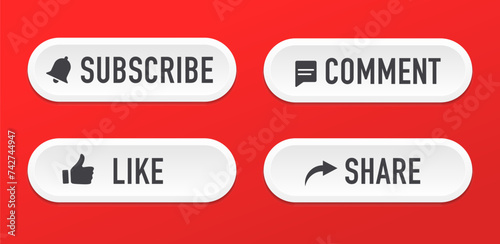 Button Icon Set for Channel. Like, Comment, Share, and Subscribe. Red button to subscribe to channel, blog. Web button for promotion and marketing. Vector illustration photo