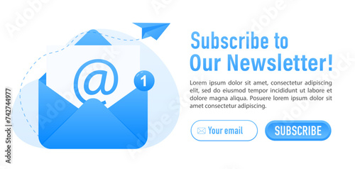 Newsletter subscription banner. Online marketing and business. Open envelope with letter and paper plane. Template for mailing and newsletter. Subscription to news and promotions. Vector illustration