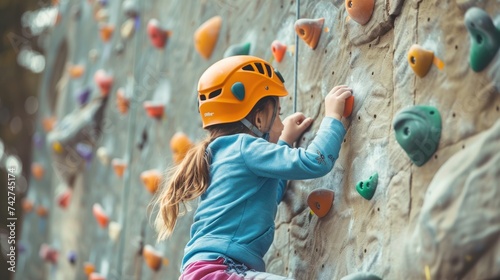 children's climbing wall, girl, insurance, helmet, horizontal photo