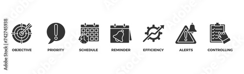 Time management banner web icon vector illustration concept with icon of objective, priority, schedule, reminder, efficiency, alerts, and controlling	