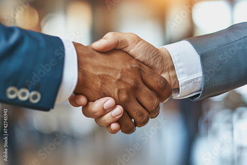 The businessmen shake hands after the meeting was successful and agreed upon. AI Generated. photo