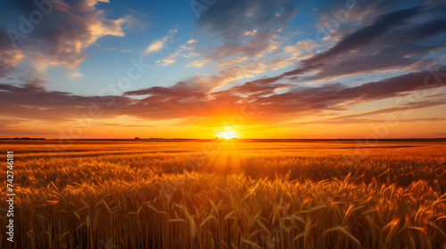 Harvest Season at Dusk: An Idyllic Exploration of Golden Grain Fields under the Setting Sun © Lottie