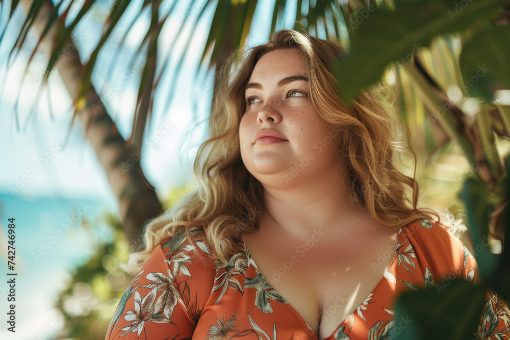 A contemplative plus-size woman in a floral dress enjoys a tropical setting amidst palm leaves. A contemplative plus-size woman in a floral dress enjoys a tropical setting amidst palm leaves.