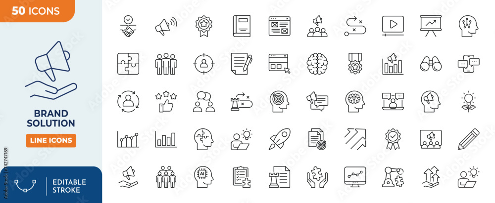 Brand solution Line editable icons set.