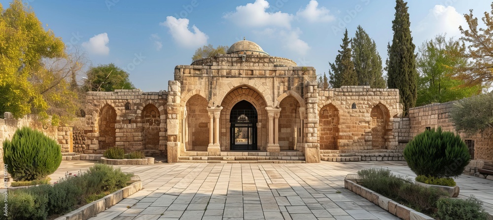 Ancient stone mosque gate building. Generative AI technology.	
