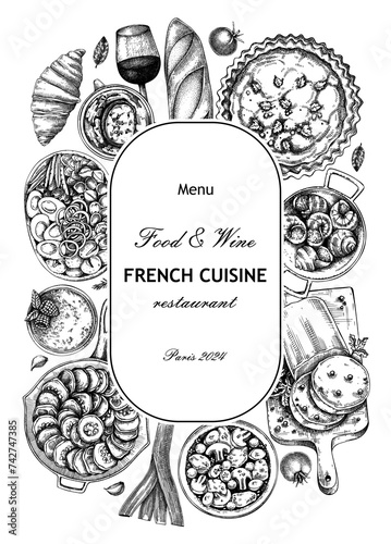 French food wreath design. Vintage food and wine sketches. European restaurant menu template. France background. Hand-drawn vector illustration, NOT AI generated