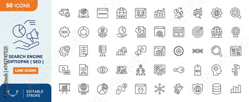 Search engine options Line editable icons set. SEO icon pack