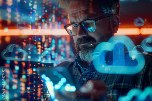 A focused executive analyzing real time data from cloud servers on his mobile device surrounded by holographic charts and cybernetic networks showcasing the integration of mobile technology and