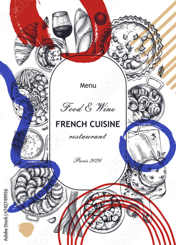 Collage-style French food wreath design. Vintage food and wine sketches. Abstract restaurant menu. France background. Hand-drawn vector illustration, NOT AI generated