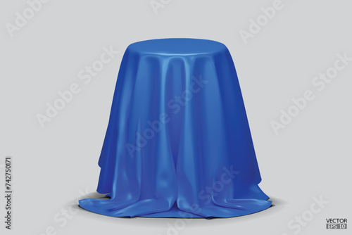Podium covered with a piece of Blue silk isolated on background. Realistic box covered with Blue cloth. Podium for product, cosmetic presentation. Creative mock up. 3d vector illustration.