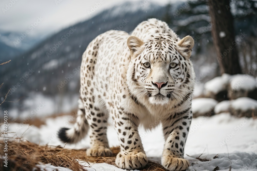 Fototapeta premium white leopard in the snow