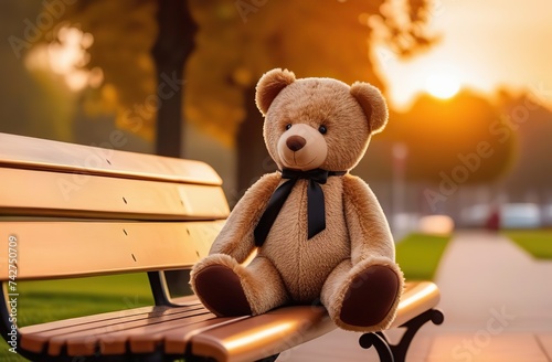 Teddy Bear Sitting Alone on a Park Bench at Sunset. Lost Childhood Toy and Nostalgia Concept