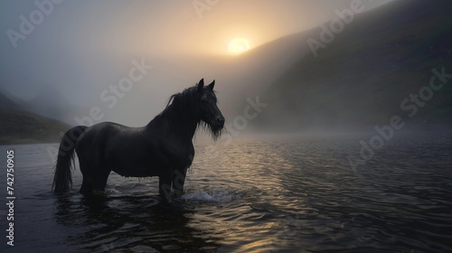 A rugged highland scene at dawn, with a kelpie emerging from a misty loch, its mane dripping with water that sparkles in the early light. 8k