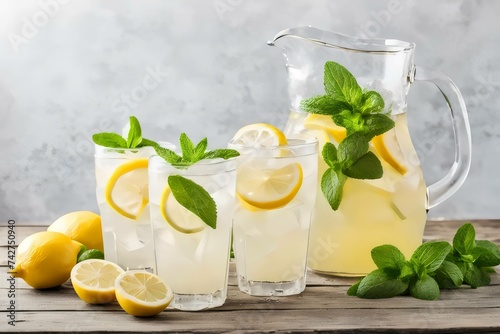 Refreshing homemade lemonade with mint in glasses and a pitcher on a wooden table, perfect for a summer day. Generative ai