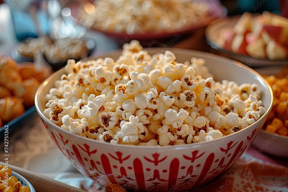 A white ceramic bowl filled with freshly popped popcorn is positioned on top of a wooden table. Generative AI A white ceramic bowl filled with freshly popped popcorn is positioned on top of a wooden table. Generative AI