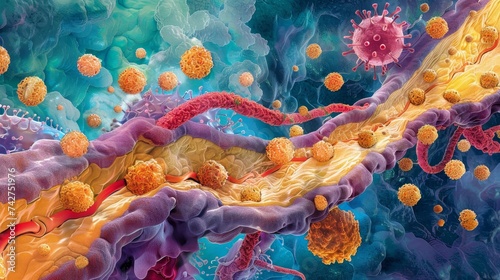 Artistic representation of the immune system's response, depicting cells and antibodies engaging pathogens in vibrant detail. photo