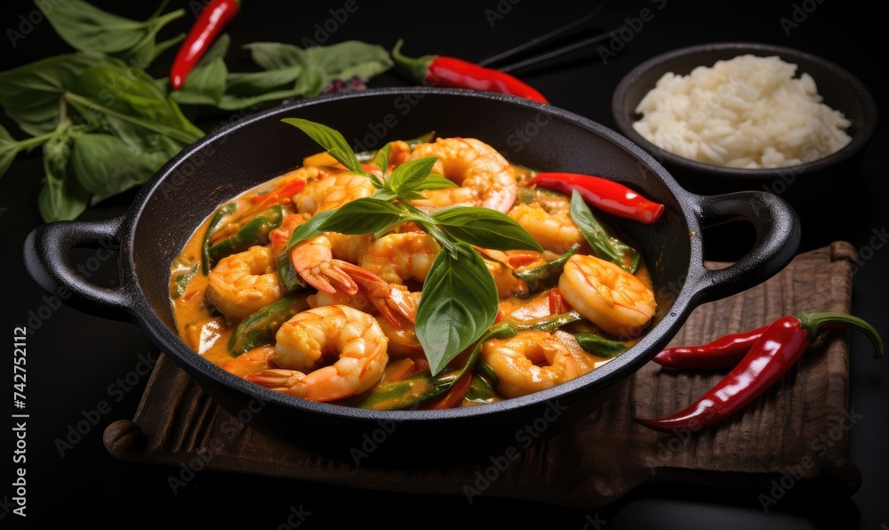 Pan With Shrimp and Vegetable, Accompanied by Rice