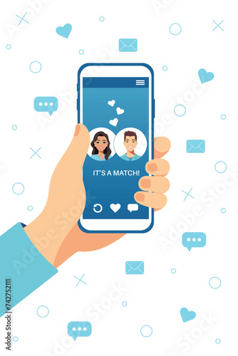 Dating service app concept on phone screen. Man hand holding smartphone. Two young people liked each other. Their interest coincided. Virtual relationship, acquaintance in social network. 