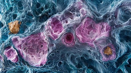 Microscopic view of bone marrow structure showing a detailed composition of cells within the spongy tissue. photo
