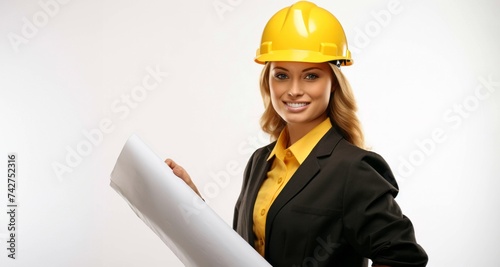 Arquitecta con planos y casco de seguridad photo