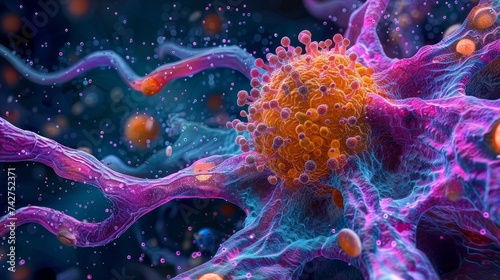 Vivid digital illustration of a virus particle interacting with human cells, symbolizing infection and immune response.