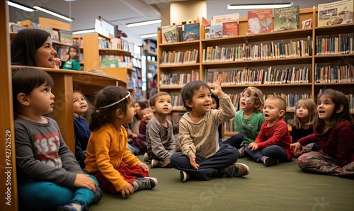 Group of Children Sitting on Library Floor
